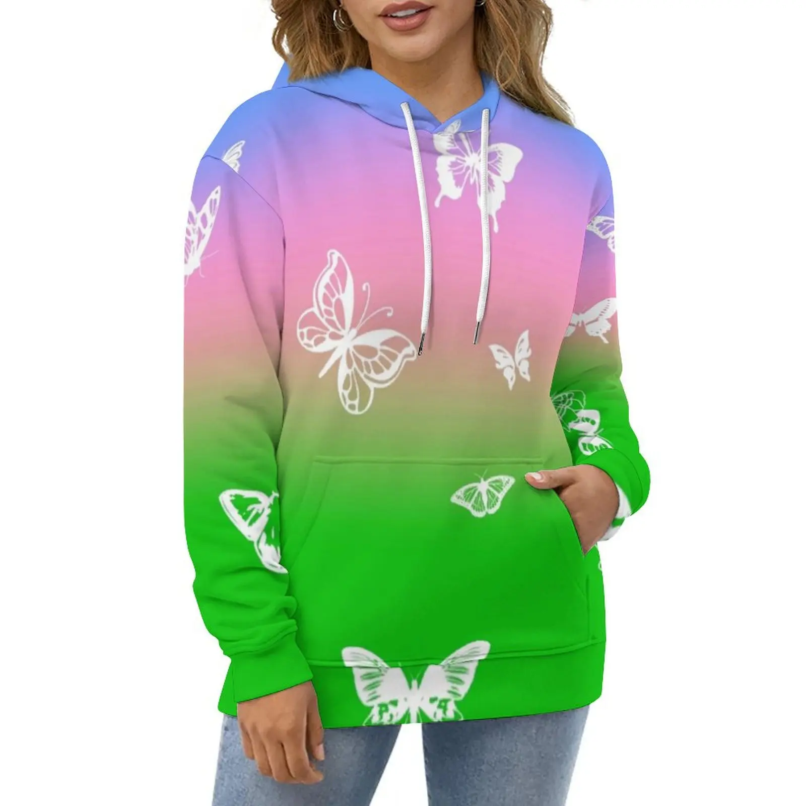 

Blue Pink Ombre Casual Hoodies White Butterflies Elegant Custom Loose Hoodie Winter Long Sleeve Streetwear Oversized Clothes