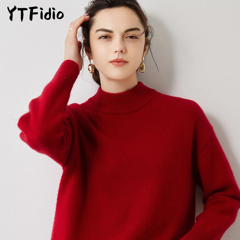 YTFidio 100% Cashmere Women Winter Half high collar Soft Warm Solid Knitwear Turtleneck Pullover Female Tops 13