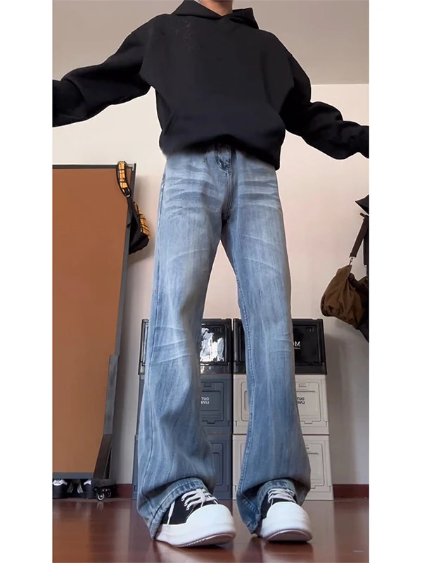 

Мужские расклешенные джинсы с синей молнией и бамбуковым узором в стиле ретро, удлиненные прямые джинсы с подкладкой в американском стиле High Street Vibe Fce