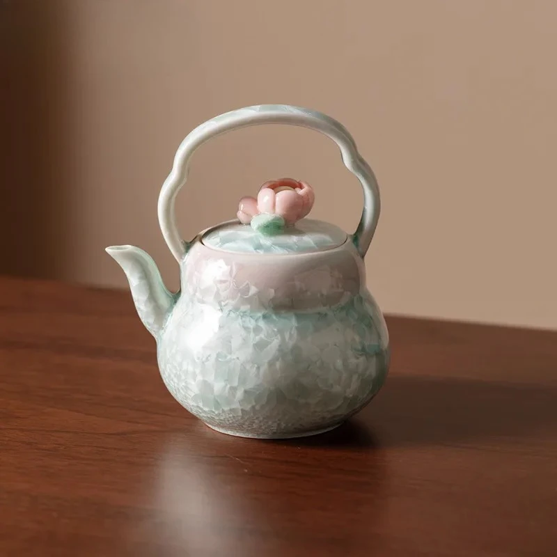 

150ml Crystal Glaze Cyan Pink Lifting Handle Teapot Traditional Tea Infuser Pot Tea Making Kettle With Strainer Chinese Tea Set