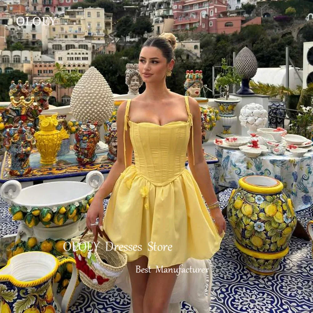 

OLOEY Sexy Yellow Short Prom Party Dresses Spaghetti Straps Sweetheart Pleats Mini Summer Skirt Birthday Dress Cocktail Gowns