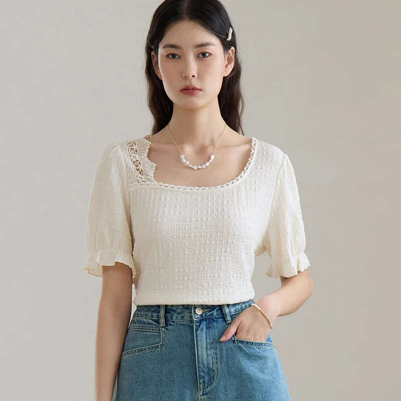 DUSHU Women's French Lace Square Necked Lace Shirt 2024 Summer New Design White Tops Casual Loose Women Tops 24DS82407