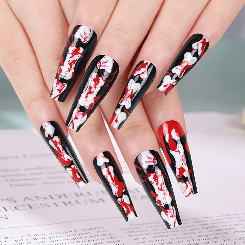 

24 Pcs Halloween Gothic Fake Nails Almond Long Press on Nails White Glossy Reusable False Nail Jelly Tabs for Girls Stick On