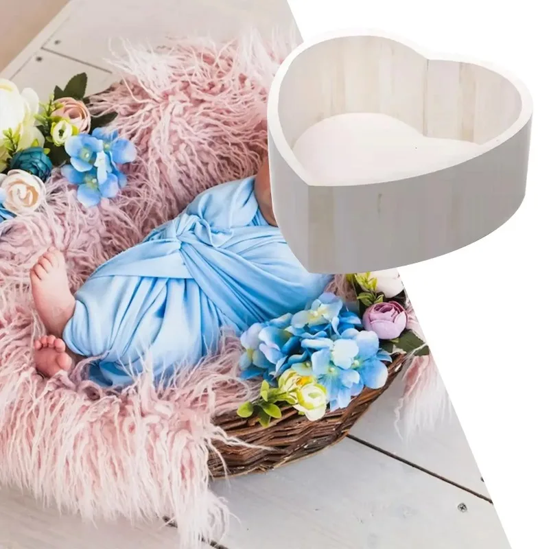Baby Bed Set Heart Shape Box Vintage Wooden Basin Newborn Posing Gear Safe Photo Shooting Accessories For Newborn Portrait Props