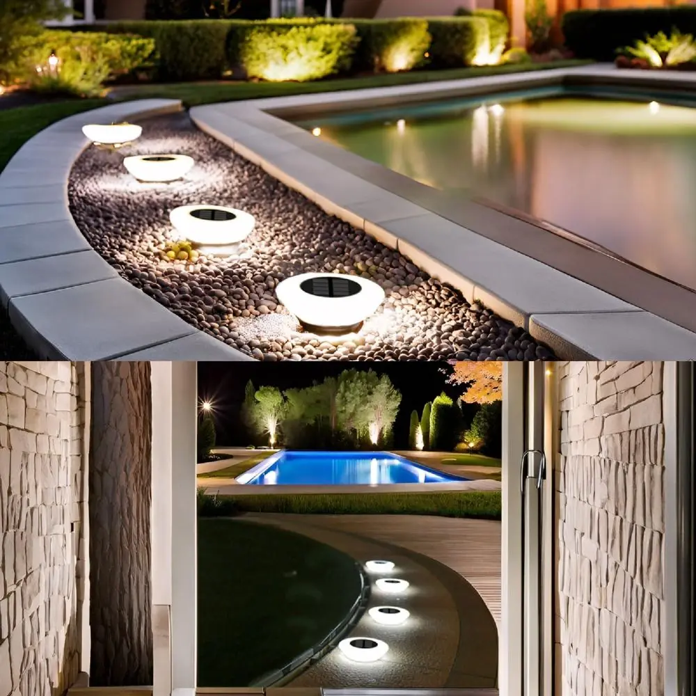 Lampu Dek Tahan Air Lampu Taman Tenaga Surya Bentuk Bulat Lampu Taman Tenaga Surya 14Led Hangat /Putih/ Lampu Bawah Tanah Tenaga Surya