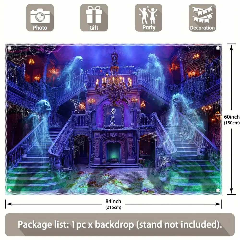 Purple Halloween Haunted house background fabric design ghost staircase photography background, suitable for party decoration