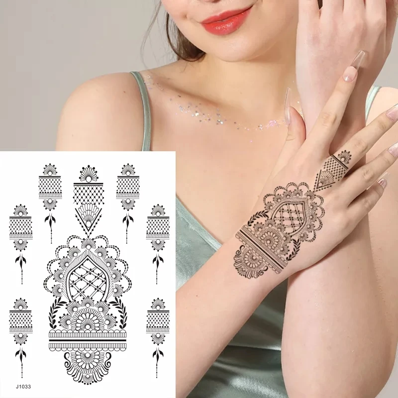 Tatuajes temporales de Henna negra para mujer, pegatina Mehndi de flor de encaje para mano, tatuaje de Henna falso, arte corporal, tatuaje Hena