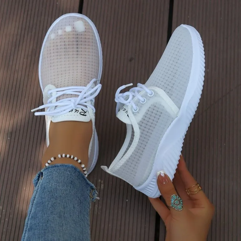Women's Sneakers Round Toe Lace-Up Sheer-Look Upper Casual Low Heel Sporty Silhouette Textured Outsole Leisure Walking Shoes