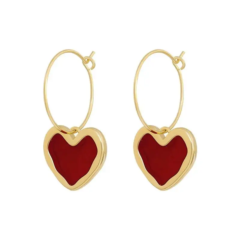 Sweet Burgundy Enamel Heart Earrings for Women Girl Gold Color Metal Love Heart Hanging Dangle Earrings Vintage Jewelry