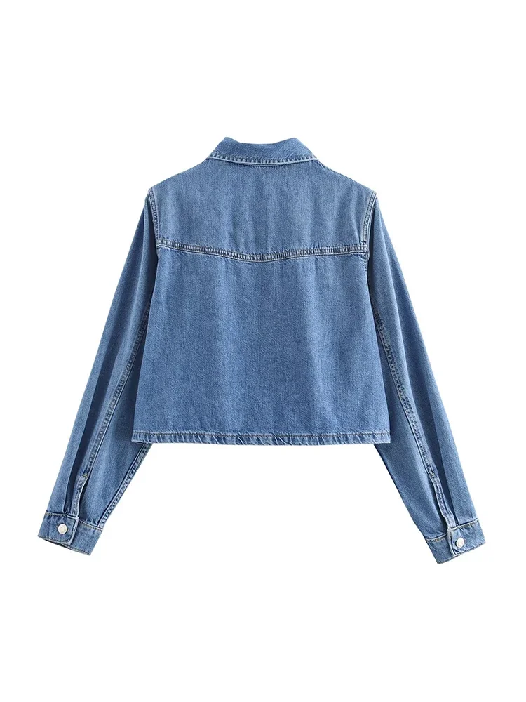Willshela Women Fashion With Pocket Denim Solid Single Breasted Blouse Vintage Lapel Neck Long Sleeves Female Chic Lady Shirts