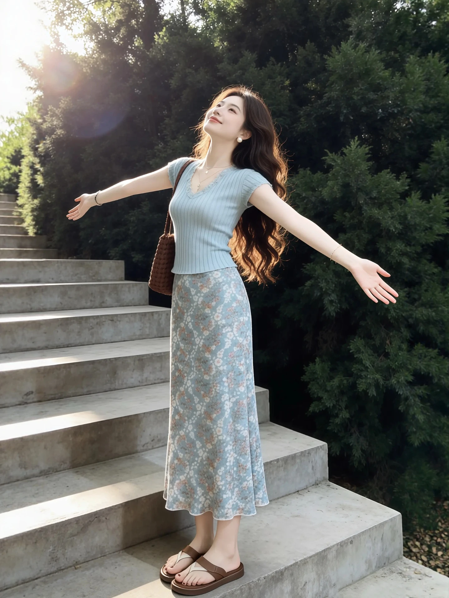 

Summer Floral Knitted Short Sleeve Top And Skirt Set Women's Casual Style Breathable Polyester High Waist V-Neck T-Shirt