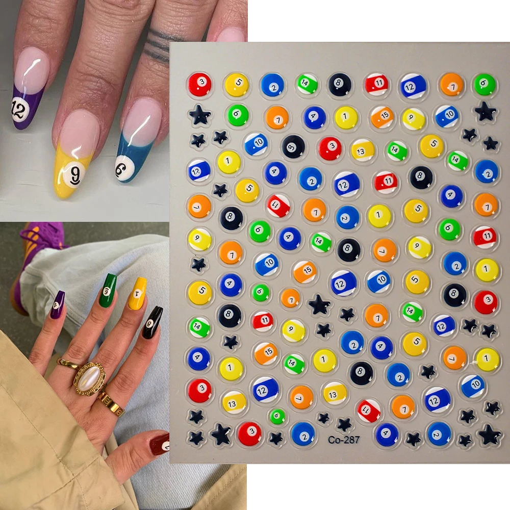 Billiard Nail Sticker 5d Embossed Jelly Design Billiard Ball Nail Decals 3d Self-Adhesive Sliders CO-287