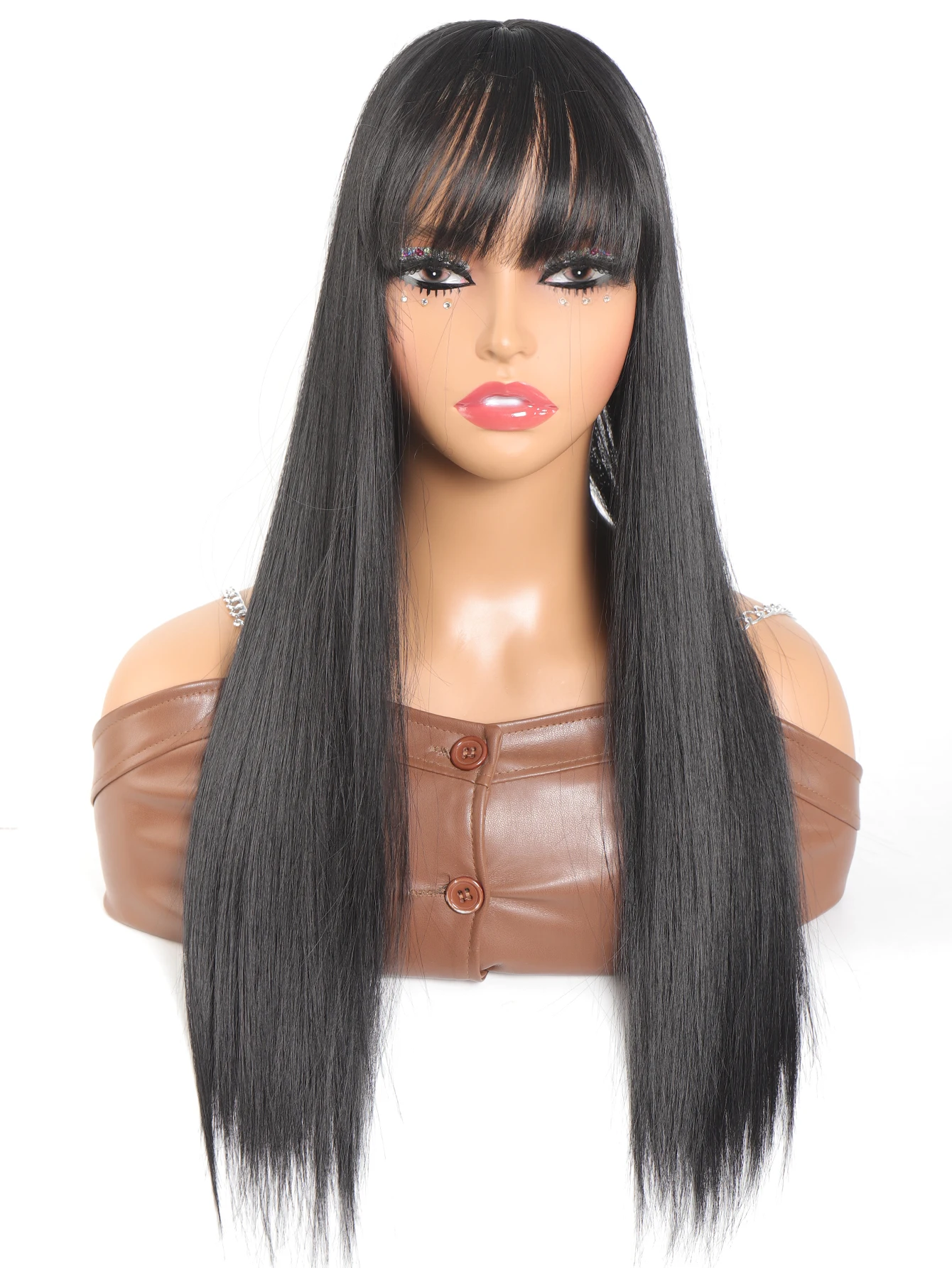 Synthetic 24 INCH Replacement Wig With Bangs Top Hair Pieces Cover Black Hair Straight Natural Invisible Replacement Fake Hair