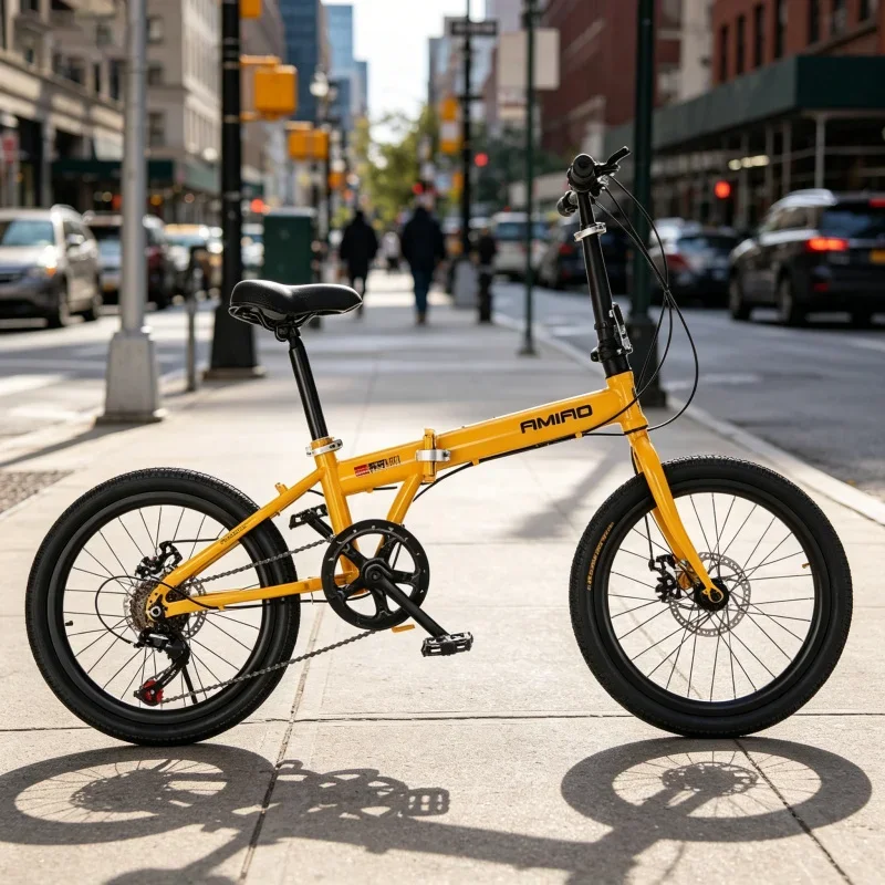 

20 Inch Yellow Spoke Wheel Folding Bicycle Ultra-Light Portable Student Commuter Bike with Disc Brake Variable Speed