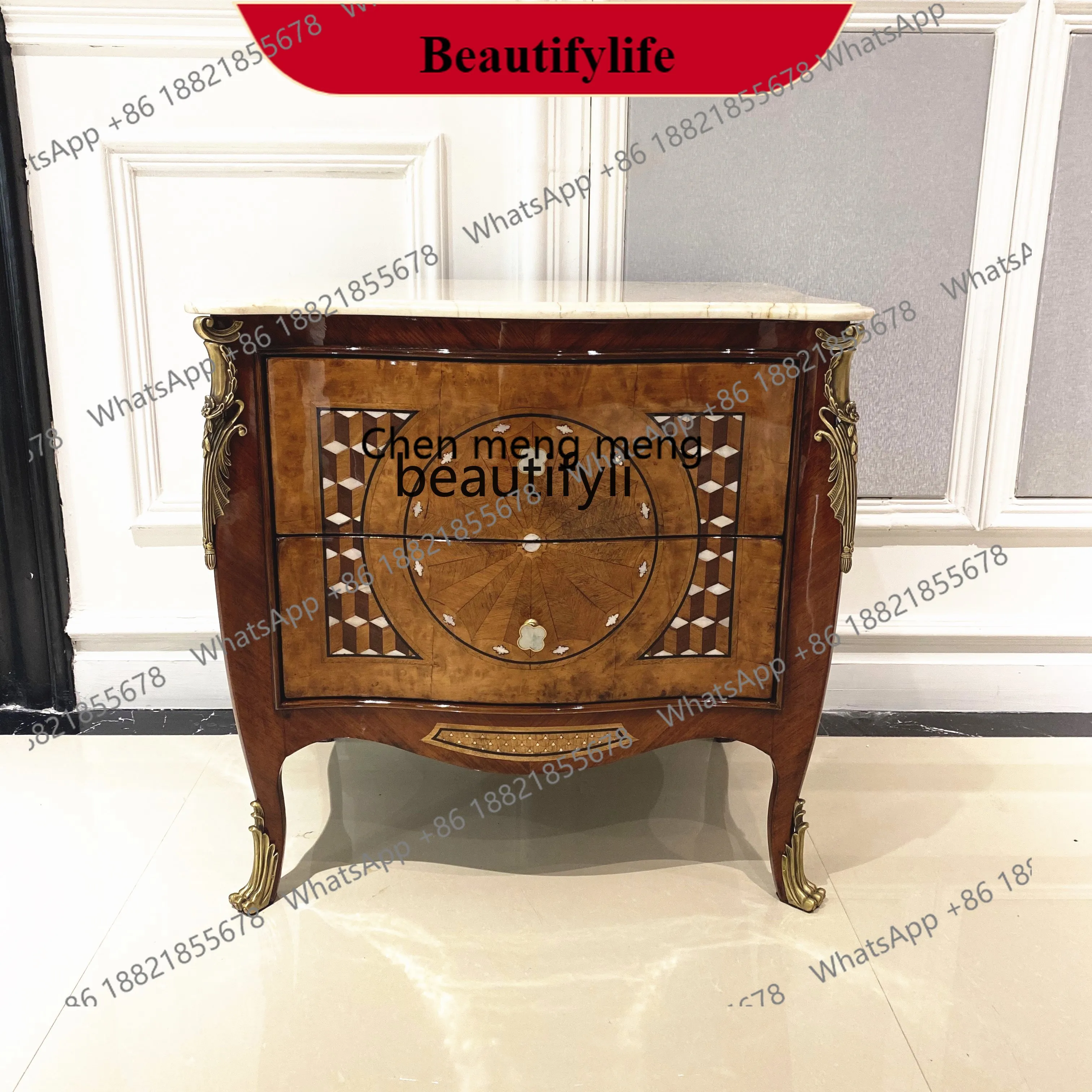 

G153 European bedside table villa classical solid wood storage cabinet metal foot corner parquet cabinet