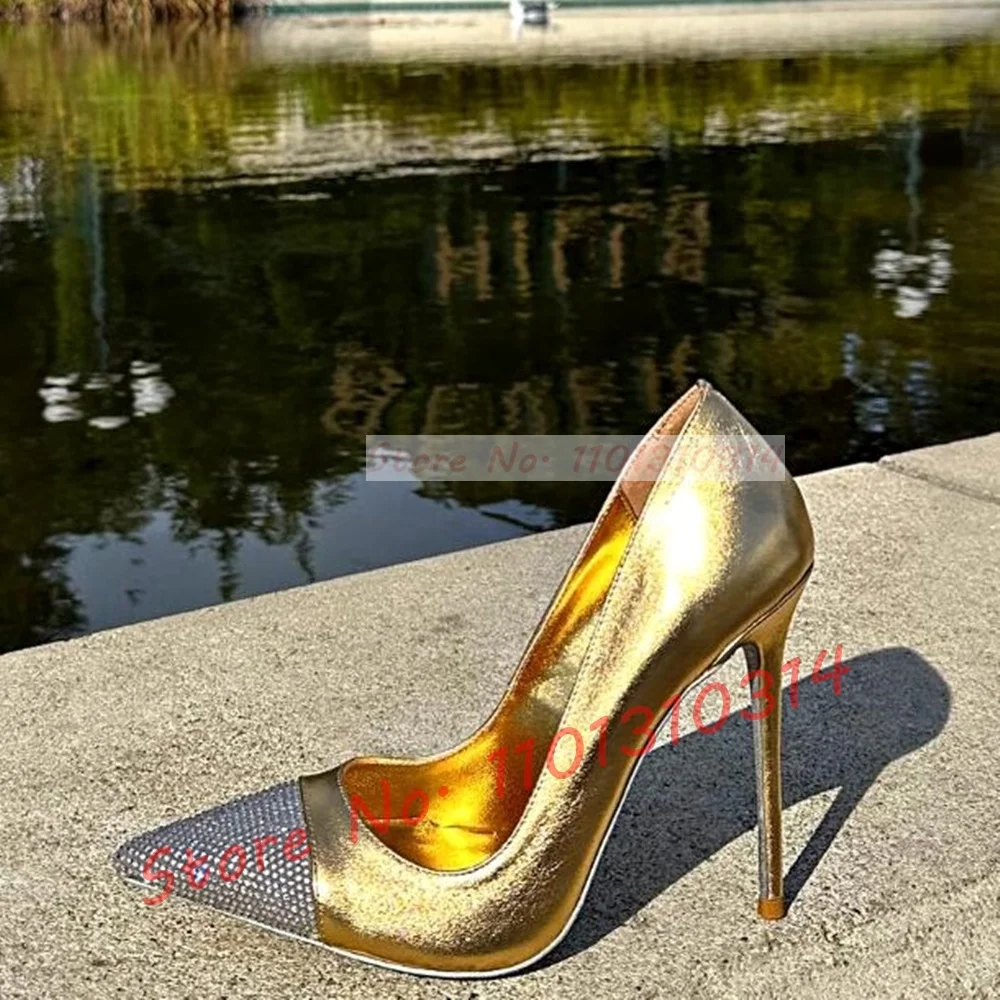 Crystal Pointy Toe Pumps Women Luxury Patchwork Gold Metallic Leather Sexy High Heels Shoes Office Ladies Outfit Stiletto Pumps