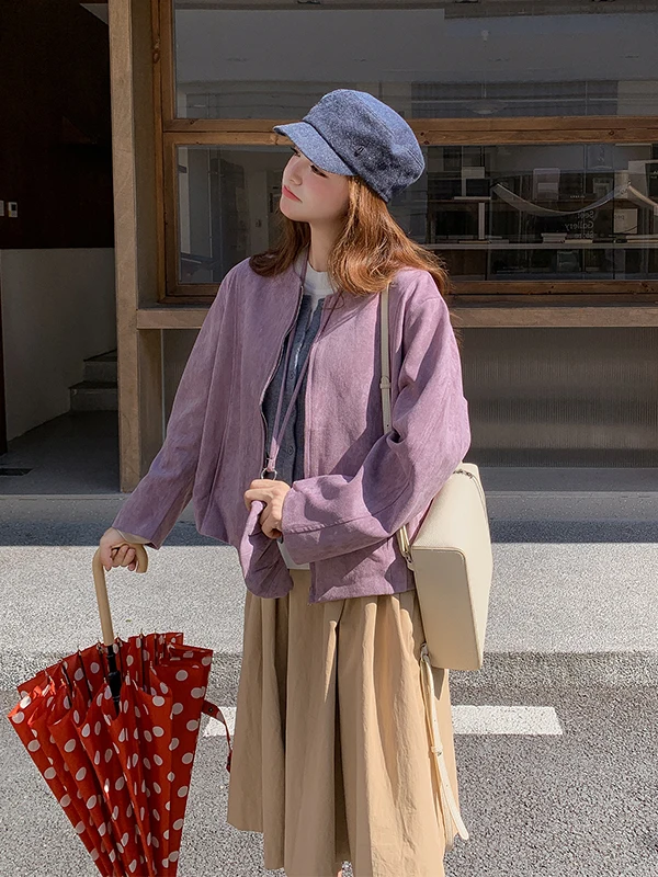 

Purple Women's ort Leather Jaet 2026 New Spring Autumn Casual Loose Fit Zipper round Ne Single Piece Faion Top