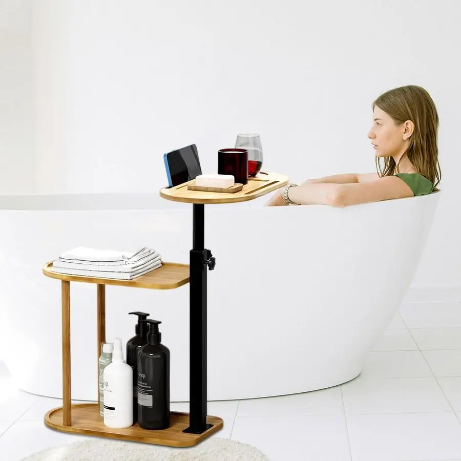 

Layer Bathtub Tray Table,Bamboo Swivel Bathtub Side Table Height Adjustable,Freestanding Bathtub Tray for Tub Against Wall,Batht