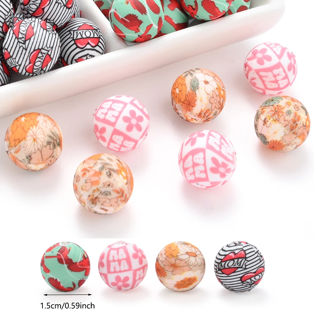 10 шт. 15 мм силиконовые круглые бусины с цветочным принтом для матери и птицы для DIY ожерелья ручной работы, браслеты, изготовление цепочек для соски