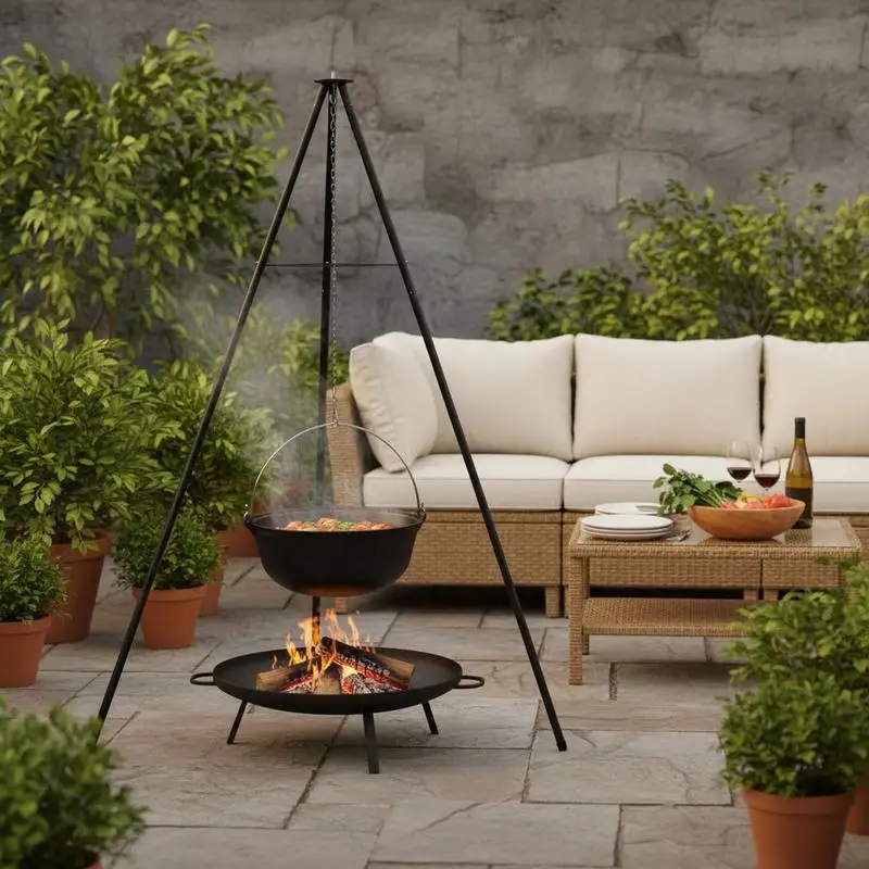 Schwarzes Lagerfeuer-Stativ 92x92x191,5 cm aus hitzebeständigem Stahl. Stabil, leicht und tragbar, für den Außeneinsatz geeignet. Ideal für Camping und Outdoor-Küche, Montage erforderlich.