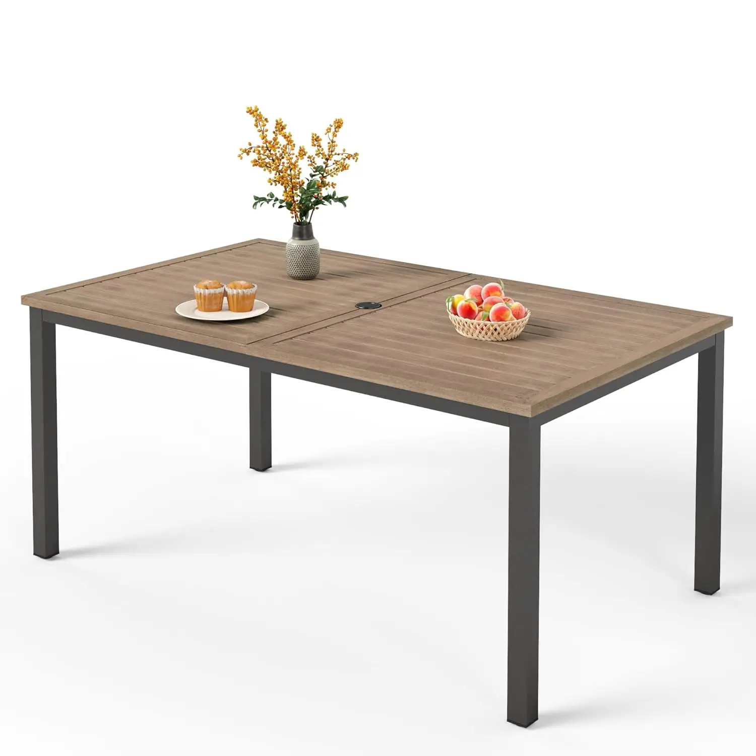 

64" Rectangle Outdoor Dining Table, Patio Furniture Wood-Like Tabletop with Umbrella Hole for Patio Lawn Backyard, Customized