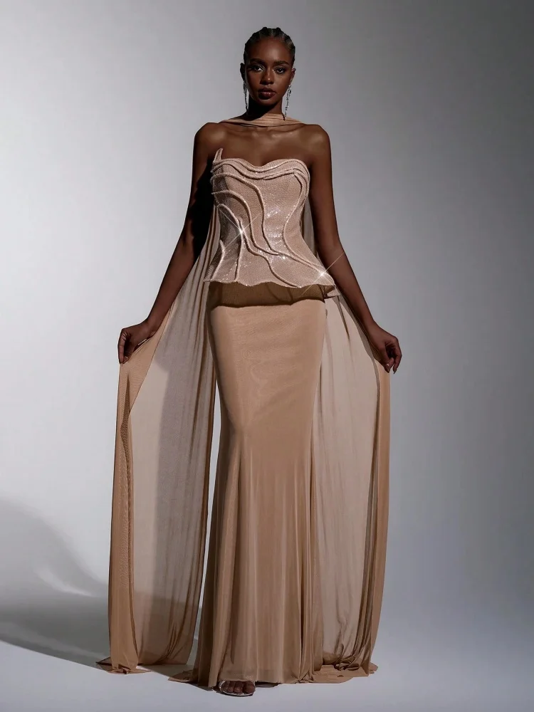 Nude Strapless Wavy Peplum Corset Mermaid Prom Dress Long Sheer Chiffon Cape Train Floor Length Formal Evening Maxi Gown view 4