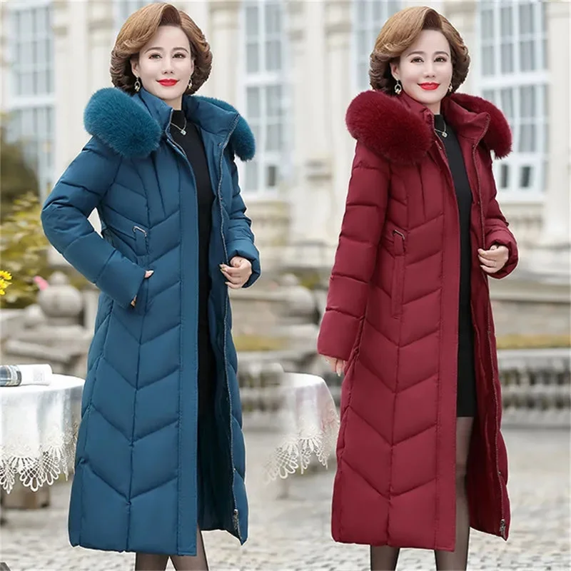 

Extra thick Long Mom's Winter Parka Quilted Hooded Fur Collar Down Cotton Coat Middle-aged Elderly Women's Thick Warm Jacket 8XL