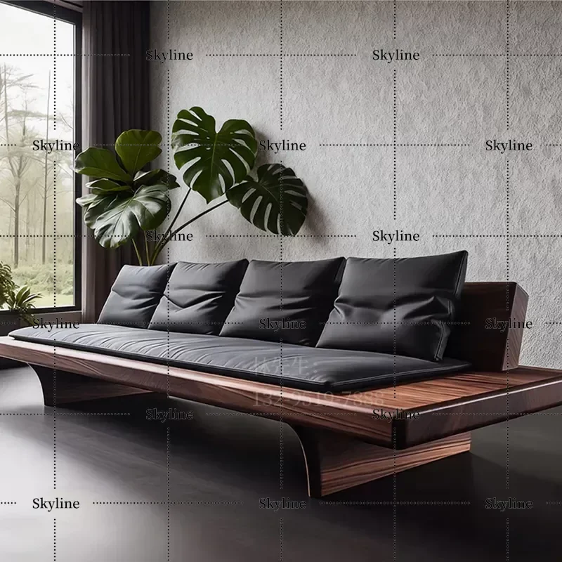 New Chinese Style Black Walnut Solid Wood Sofa with Tenon and Mortise Structure Retro Living Room Straight Sofa Customizable