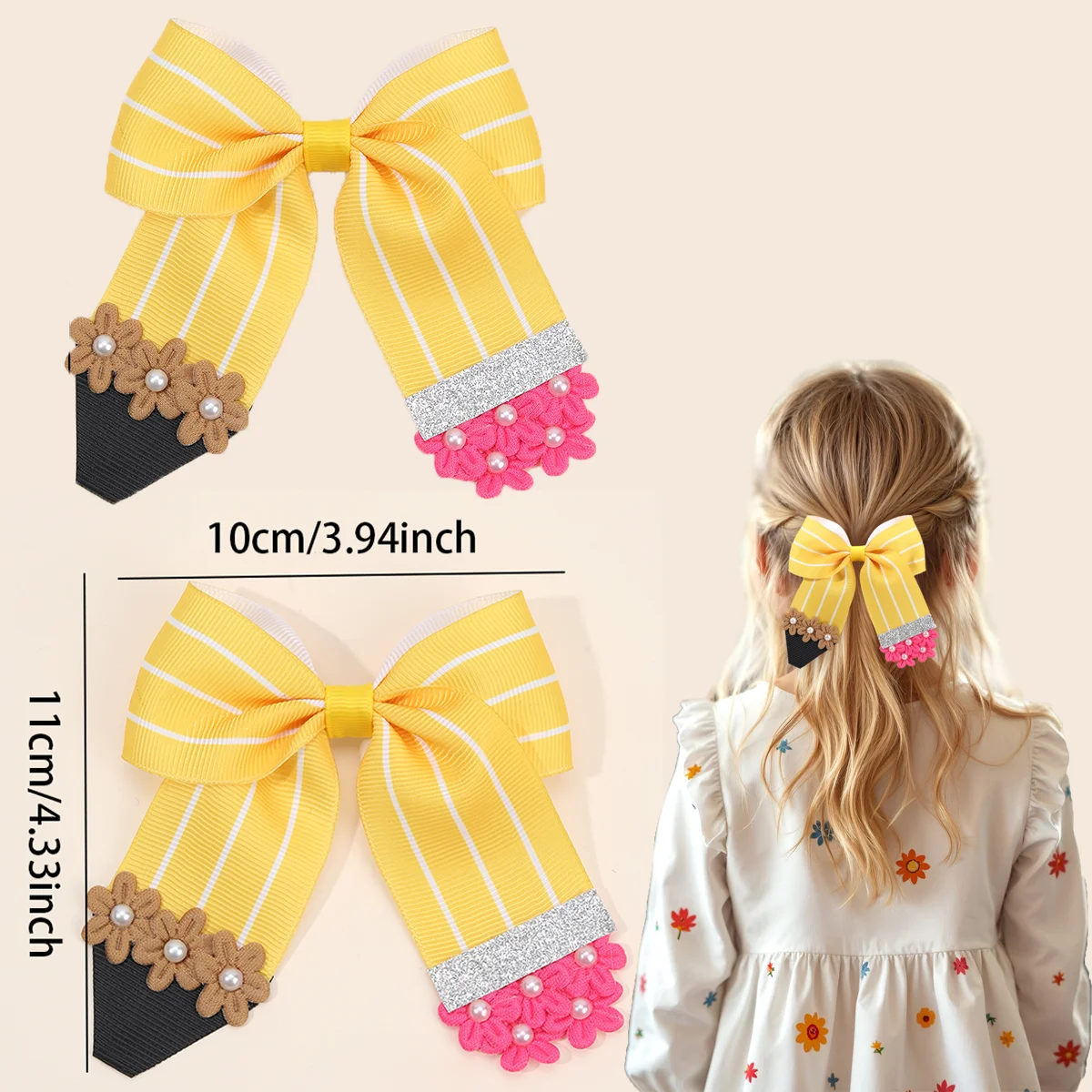 

1/2 шт., заколки для волос с цветочным карандашом и бантом, милые заколки для волос с лентой «Снова в школу», аксессуары для волос для девочек, детские повседневные головные уборы