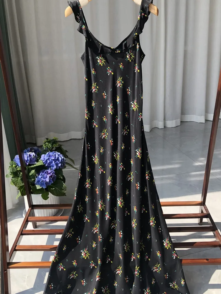 

100% Silk Women Sling Dress Backless Floral Print Ruffles Sleeveless 2024 Summer Lady Black Robes