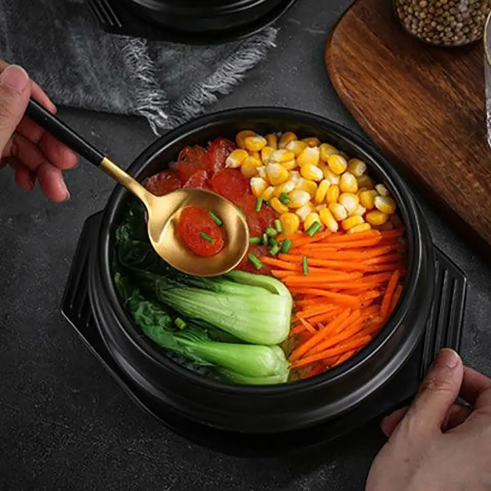 Olla de sopa de 16cm, cazuela de arcilla con bandeja, olla de piedra coreana antiescaldaduras, utensilios de cocina Bibimbap clásicos negros resistentes al calor, Ramen