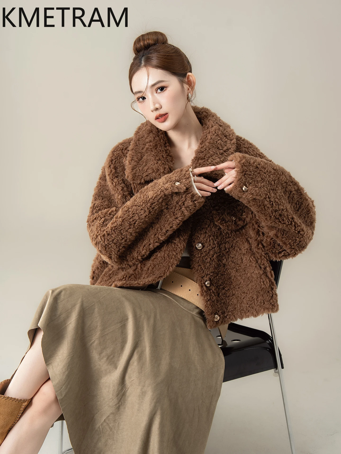 KMETRAME 100% Naturalna Wełna Jednolity Kolor Luksusowy Płaszcz z Futra w Stylu Casual na Sezon Jesień-Zima 2025 Nowości w Stylu płaszcze