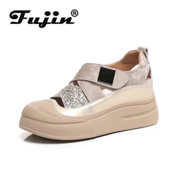 Fujin 8cm platforma klinowe letnie modne sandały modne buty z haczykami mikrofibra Bling Hollow syntetyczne skórzane mieszkania damskie czółenka