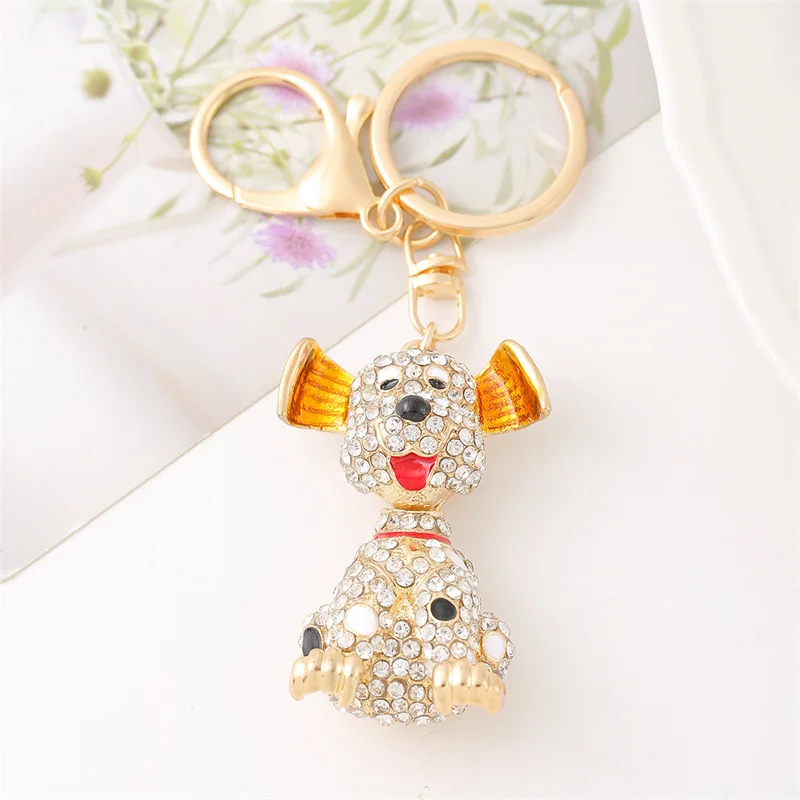 Cute Dalmatian Rhinestone Dog Keyring Alloy Metal Gold Color Animal Pet Keychain Handbag Purse Holder Jewelry llaveros