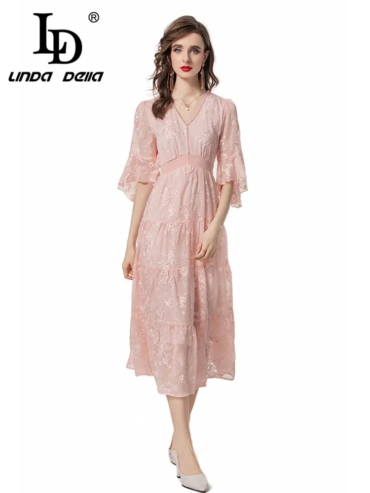 

LD LINDA DELLA 2024 Summer Luxury Dress Women's Vintage Flowers Embroidery Pearls Beading Elastic Waist Medium Length Dresses