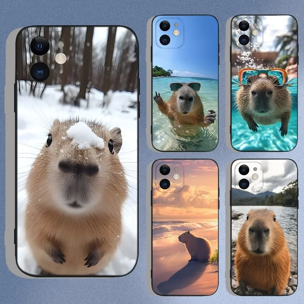 

Cute Capybara Phone Case For iPhone 16,15,14,13,12,11,XS,XR,X,8,7,Pro,Max,Plus,Mini Silicone Black Funda Cover Shell