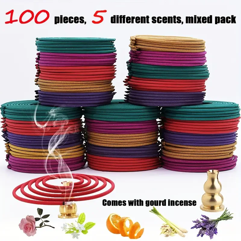 100pcs Mixed Spiral Fragrance, 20 Pieces of Each Fragrance Including Lemongrass, Rose, Jasmine, Lavender, and Orange. Aroma C