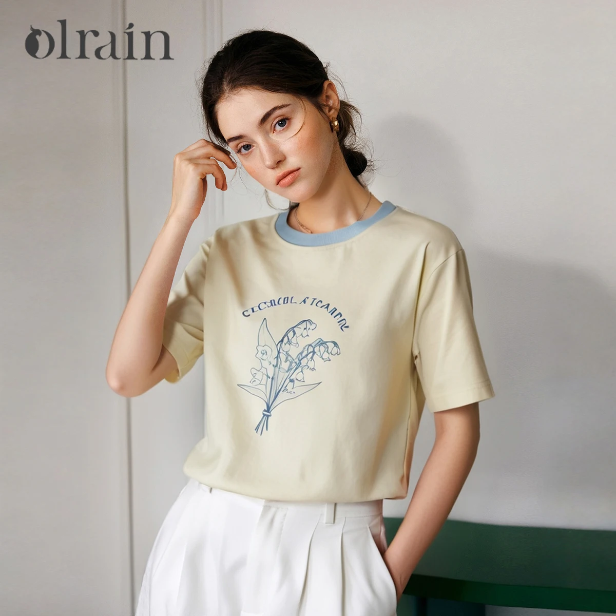 OLrain Women Tee Fashion Contrasting Color Print Pattern Loose Casual Style T-shirt Summer 2026 New Short-sleeved Top O57XT98620