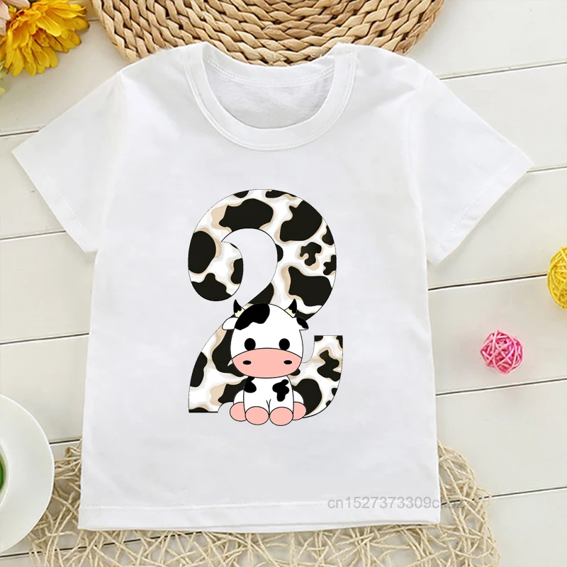 Children’S Birthday Number 1-9 Cute Cows Print T-Shirts Girl Pink Numbers White Short Sleeve Boy Funny Clothes Tee Tops