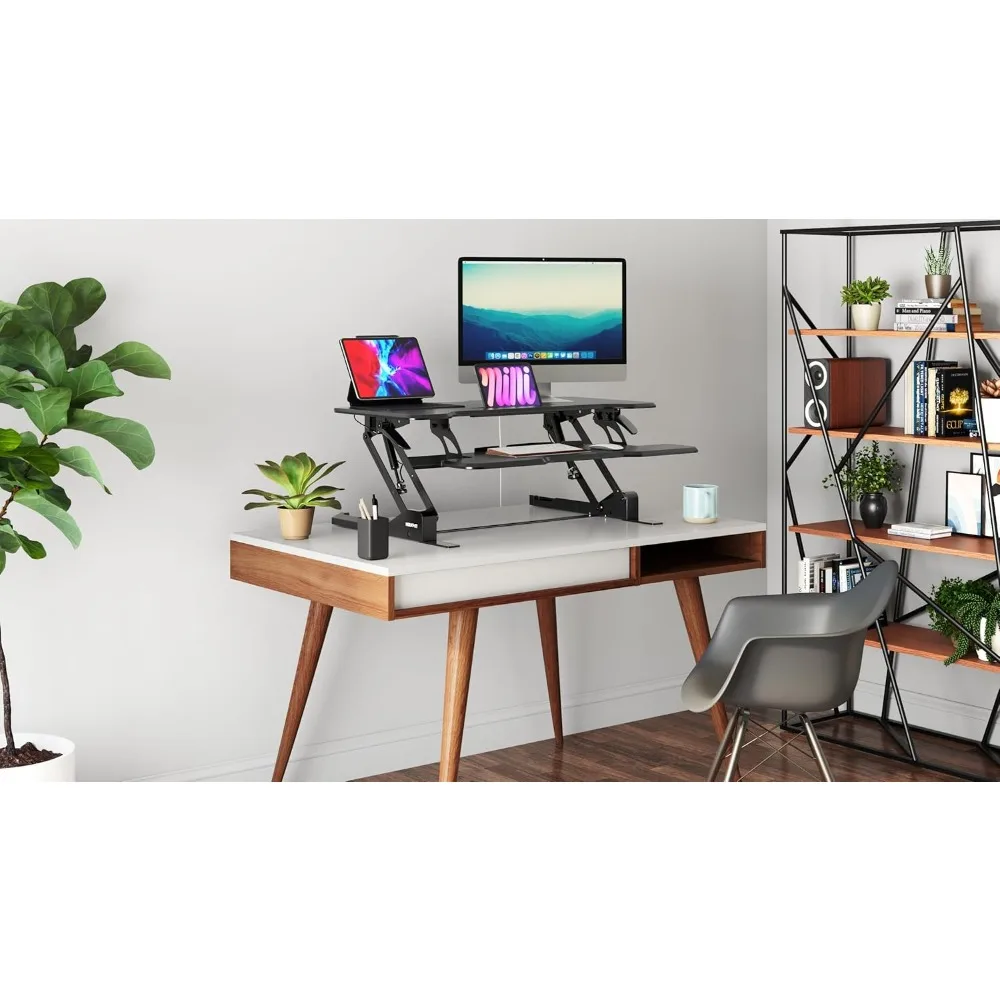 Mount-It! Height Adjustable Standing Desk Converter, 38” Wide, Stand Up Desk Riser for 2 Monitors, Manual Gas Spring Desktop Rai
