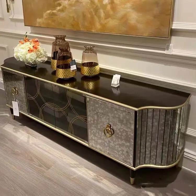 AA Light luxury solid wood TV cabinet coffee table combination neoclassical high-end Italian glass surface audio-visual cabinet