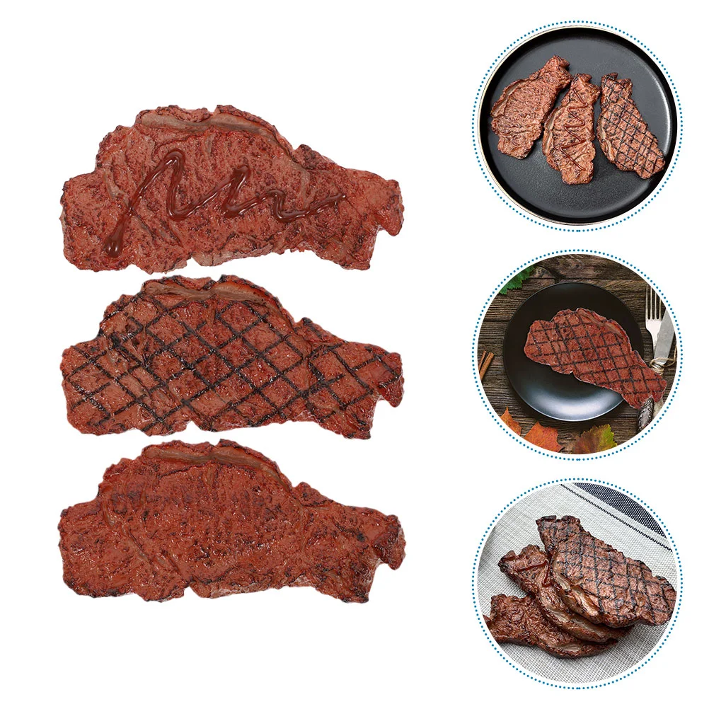 

3 Pcs Realistic Steak Model Decor Fake Food Toy Prop Lifelike Kitchen Models for Home Decoration Photography PVC