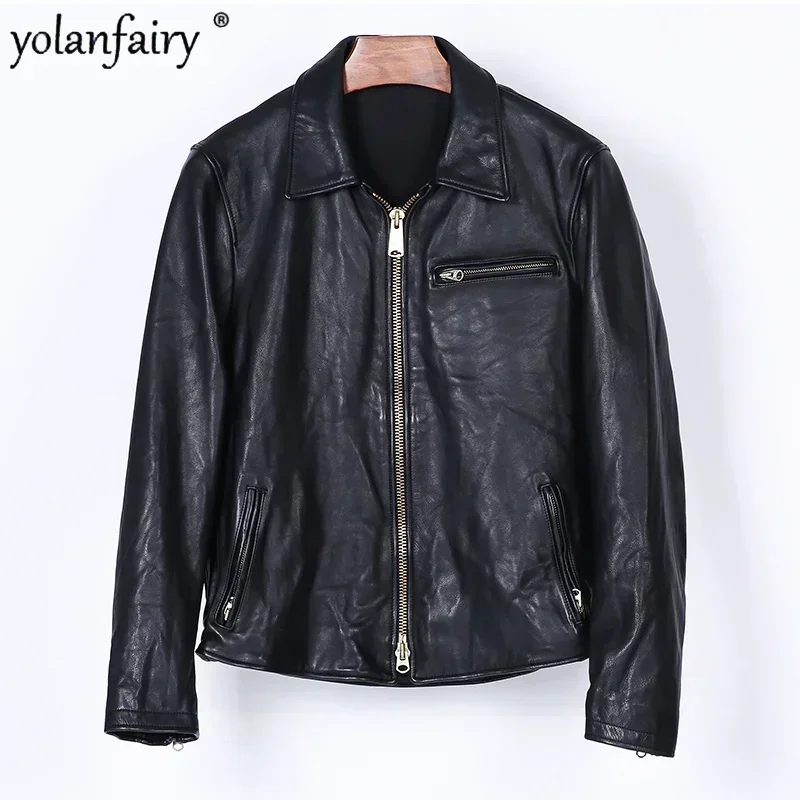 Genuine Leather Jacket Men Pure Cowhide Short Motorcycle Jackets Men's Coat Korean Slim Lapel Autumn Natural Leather Clothes FCY