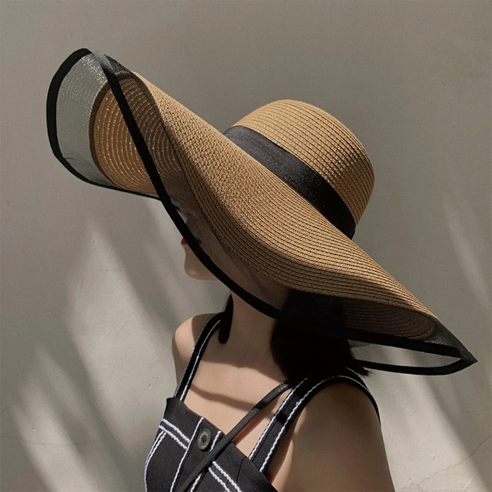 

Women Sun Hat Big Eaves Waves Beach Cap Elegant Fashion Big Brim Sun Visors Uv Cut Bucket Panama Cap Foldable Straw Sunscreen
