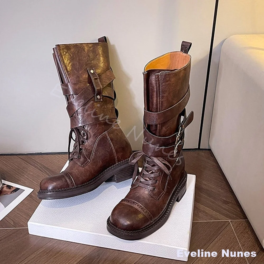 

Женские ретро-ботинки на массивном каблуке с эффектом потертости, на шнуровке, с пряжками, без застежки, средней длины, новая модная коллекция 2026 года
