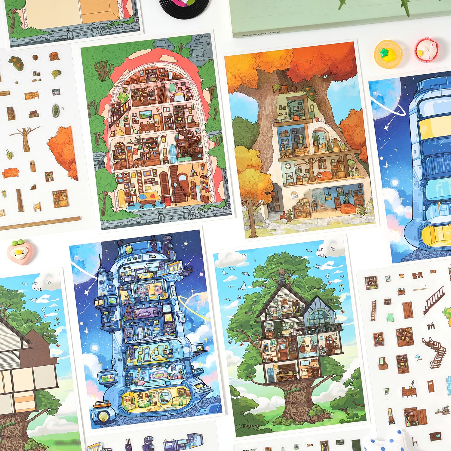 Kawaii Cloud dwelling place 3D Building Dreams in Autumn Landscape Sticker  DIY Pocket Cabin Scene festival gift ﻿