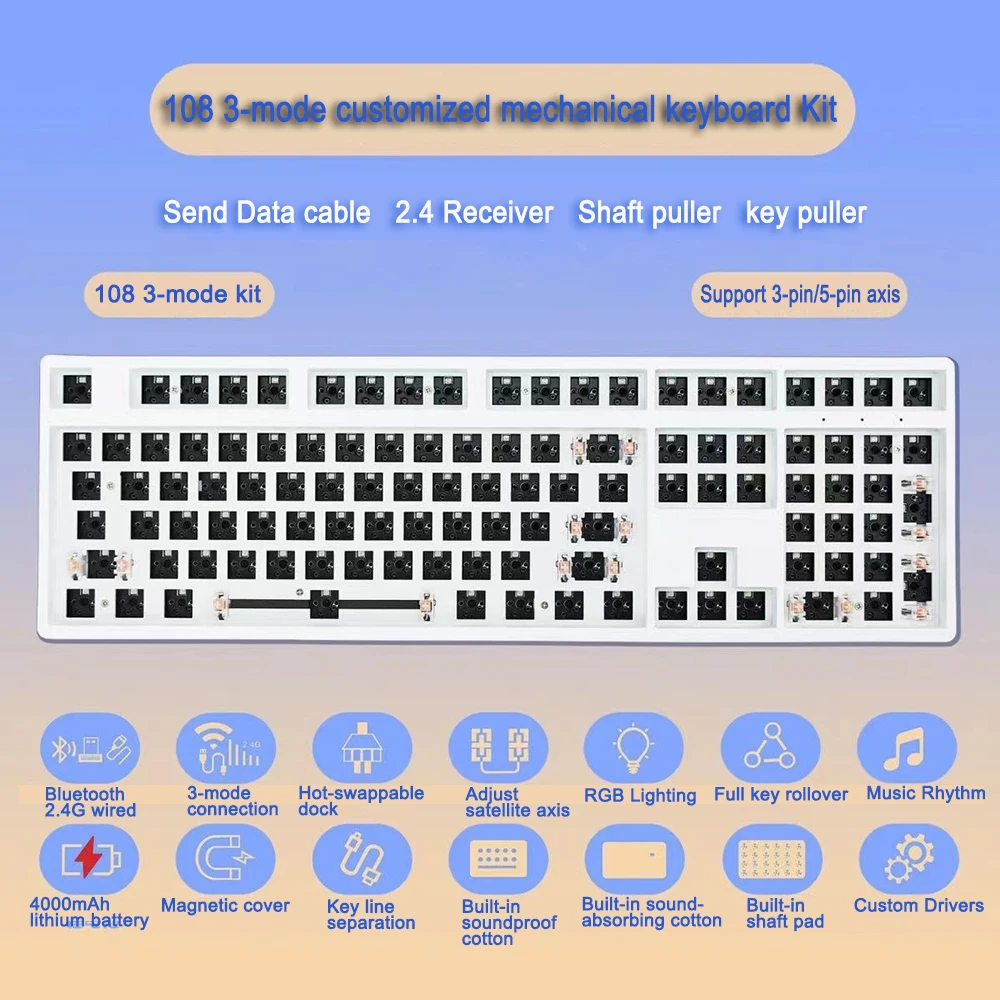 

T108 3 Mode Mechanical Keyboard Kit Barebone Classic Gamer 108 Keys Layout Full Size Hot Swap RGB Gaming Custom Keyboard DIY Kit