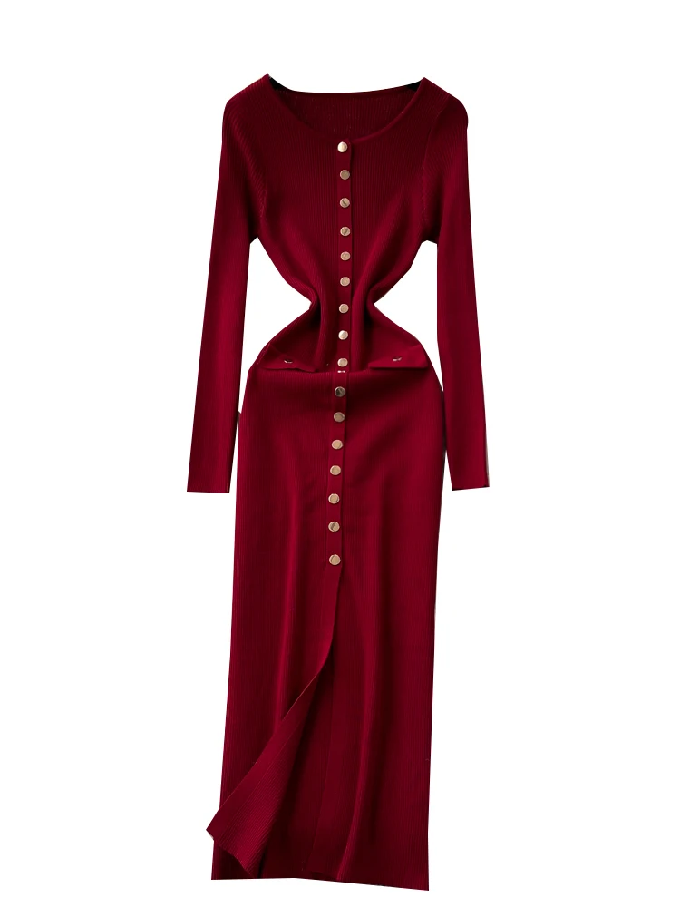 Slim Fit Long Sve Knitted Wrap Dr High Waist round Ne Single Button French Sle Ci Commute Dr Women's Faion