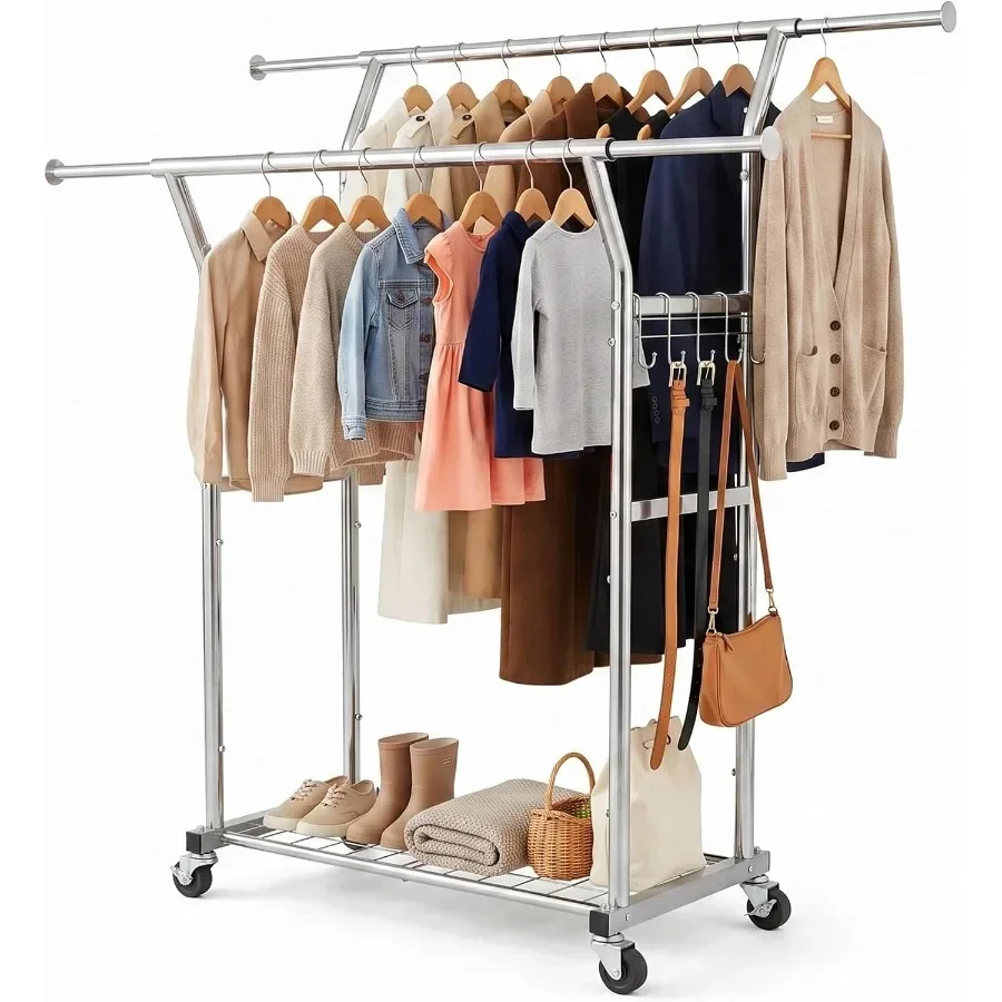 Clothing Rack with Wheels, Heavy Duty Clothes Rack for Hanging Clothes, Double Rod, Stable, Load 650 LBS, Extendable, 67