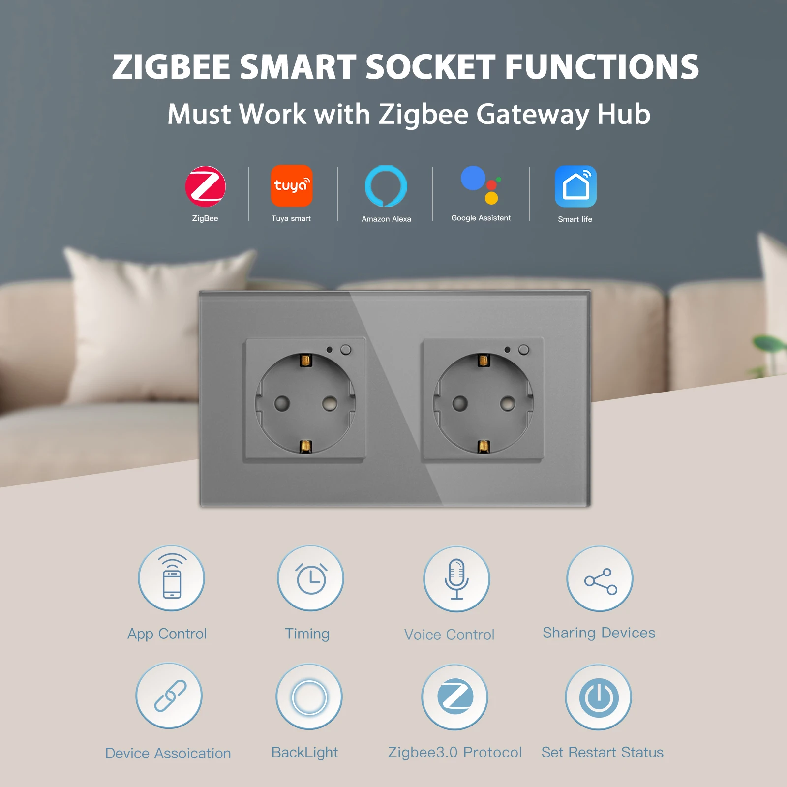 BSEED Zigbee Wall Socket EU Standard Double Sockets White Black Crystal Glass Panel Support Tuya Smart Life App Google Alexa 16A